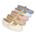 Linen cotton stylized Girl Mary Jane shoes with buckle fastening.