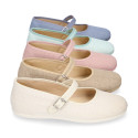 Linen cotton stylized Girl Mary Jane shoes with buckle fastening.