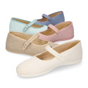 Linen cotton stylized Girl Mary Jane shoes with buckle fastening.