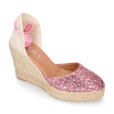 Pink Glitter Woman wedge espadrilles shoes with ribbons closure.