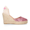 Pink Glitter Woman wedge espadrilles shoes with ribbons closure.