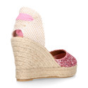 Pink Glitter Woman wedge espadrilles shoes with ribbons closure.
