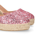 Pink Glitter Woman wedge espadrilles shoes with ribbons closure.