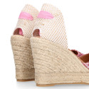 Pink Glitter Woman wedge espadrilles shoes with ribbons closure.