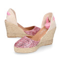 Pink Glitter Woman wedge espadrilles shoes with ribbons closure.