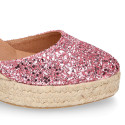 Pink Glitter Woman wedge espadrilles shoes with ribbons closure.