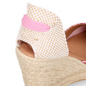 Pink Glitter Woman wedge espadrilles shoes with ribbons closure.