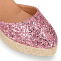 Pink Glitter Woman wedge espadrilles shoes with ribbons closure.