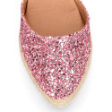 Pink Glitter Woman wedge espadrilles shoes with ribbons closure.