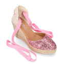 Pink Glitter Woman wedge espadrilles shoes with ribbons closure.