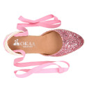 Pink Glitter Woman wedge espadrilles shoes with ribbons closure.