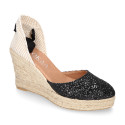 Black Glitter Woman wedge espadrilles shoes with ribbons closure.