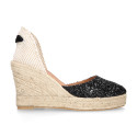 Black Glitter Woman wedge espadrilles shoes with ribbons closure.