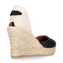 Black Glitter Woman wedge espadrilles shoes with ribbons closure.