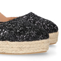 Black Glitter Woman wedge espadrilles shoes with ribbons closure.