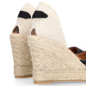 Black Glitter Woman wedge espadrilles shoes with ribbons closure.