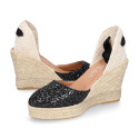 Black Glitter Woman wedge espadrilles shoes with ribbons closure.