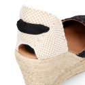 Black Glitter Woman wedge espadrilles shoes with ribbons closure.