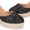 Black Glitter Woman wedge espadrilles shoes with ribbons closure.