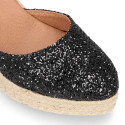 Black Glitter Woman wedge espadrilles shoes with ribbons closure.