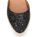 Black Glitter Woman wedge espadrilles shoes with ribbons closure.