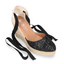 Black Glitter Woman wedge espadrilles shoes with ribbons closure.