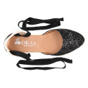 Black Glitter Woman wedge espadrilles shoes with ribbons closure.