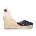 Navy blue Glitter Woman wedge espadrilles shoes with ribbons closure.