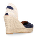 Navy blue Glitter Woman wedge espadrilles shoes with ribbons closure.