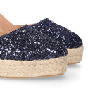 Navy blue Glitter Woman wedge espadrilles shoes with ribbons closure.