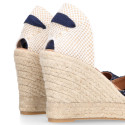 Navy blue Glitter Woman wedge espadrilles shoes with ribbons closure.