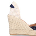 Navy blue Glitter Woman wedge espadrilles shoes with ribbons closure.