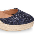 Navy blue Glitter Woman wedge espadrilles shoes with ribbons closure.