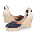 Navy blue Glitter Woman wedge espadrilles shoes with ribbons closure.