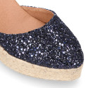 Navy blue Glitter Woman wedge espadrilles shoes with ribbons closure.