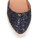 Navy blue Glitter Woman wedge espadrilles shoes with ribbons closure.