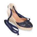 Navy blue Glitter Woman wedge espadrilles shoes with ribbons closure.