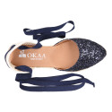 Navy blue Glitter Woman wedge espadrilles shoes with ribbons closure.