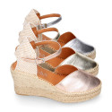 Woman wedge espadrilles shoes with Tulip shape in laminated leather.