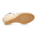 Woman wedge espadrilles shoes with Tulip shape in laminated leather.