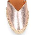 Woman wedge espadrilles shoes with Tulip shape in laminated leather.