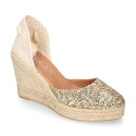 Gold Glitter Woman wedge espadrilles shoes with ribbons closure.