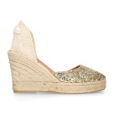 Gold Glitter Woman wedge espadrilles shoes with ribbons closure.