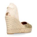 Gold Glitter Woman wedge espadrilles shoes with ribbons closure.
