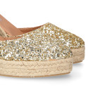 Gold Glitter Woman wedge espadrilles shoes with ribbons closure.