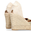 Gold Glitter Woman wedge espadrilles shoes with ribbons closure.