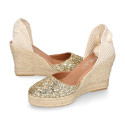 Gold Glitter Woman wedge espadrilles shoes with ribbons closure.