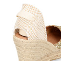 Gold Glitter Woman wedge espadrilles shoes with ribbons closure.