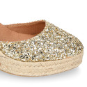 Gold Glitter Woman wedge espadrilles shoes with ribbons closure.