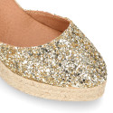 Gold Glitter Woman wedge espadrilles shoes with ribbons closure.